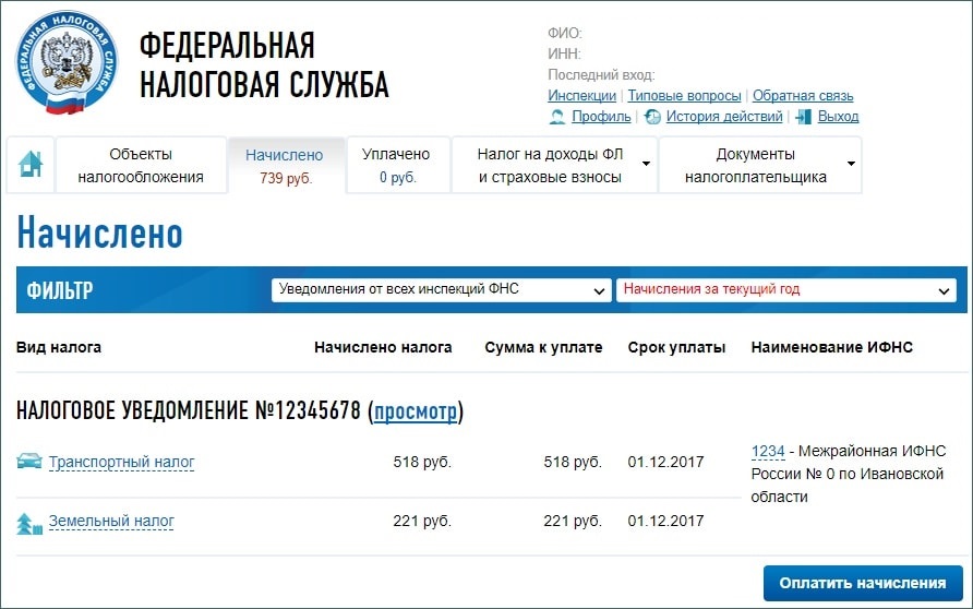 Informationen zu Geldbußen im LC auf der Website des Föderalen Steuerdienstes der Russischen Föderation